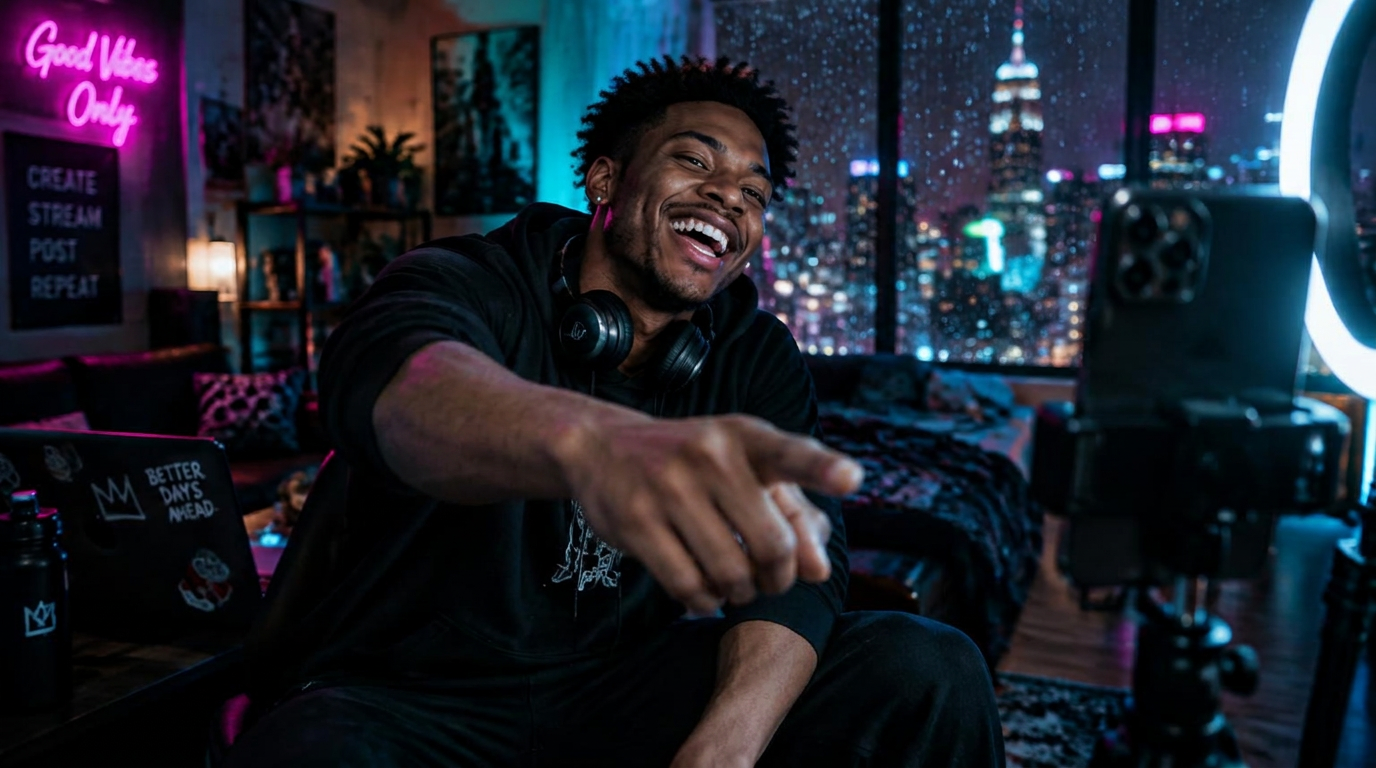 A creator mid-laugh pointing at his camera during a livestream, ring light and neon-lit city skyline behind him