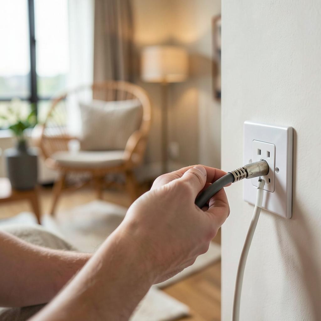 A hand connecting an internet cable to a wall outlet in a new home