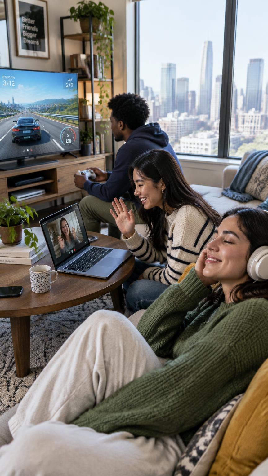 Three roommates sharing one connection: gaming on the TV, waving on a video call, and streaming music