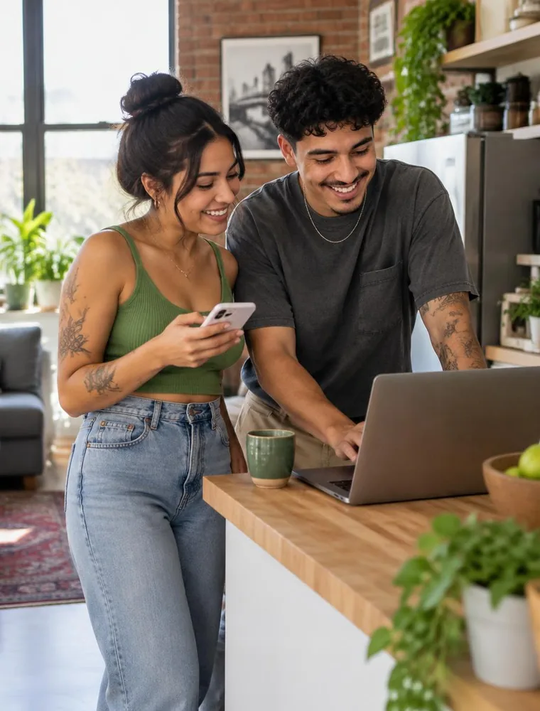 Hip young Hispanic couple comparing home internet plans at a kitchen island