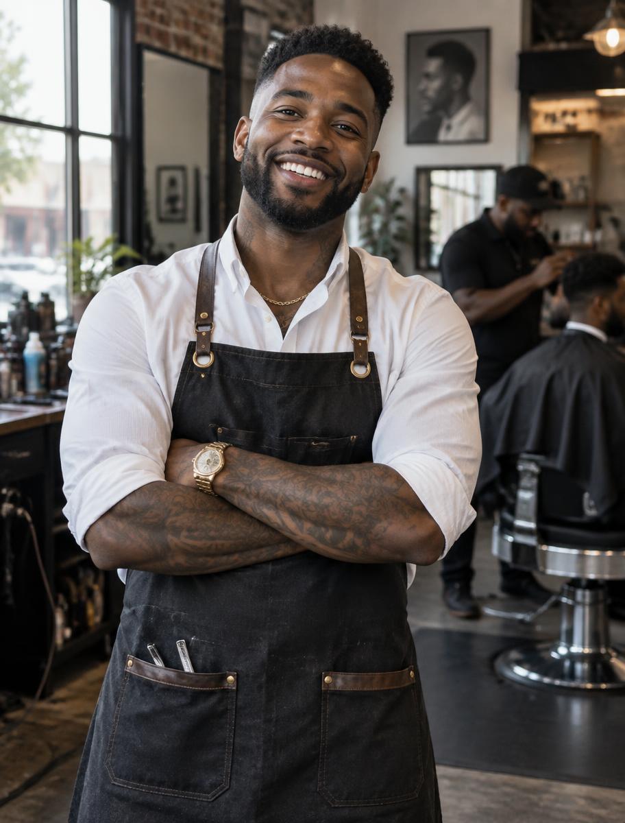 A young barbershop owner smiling with his arms crossed in his own shop