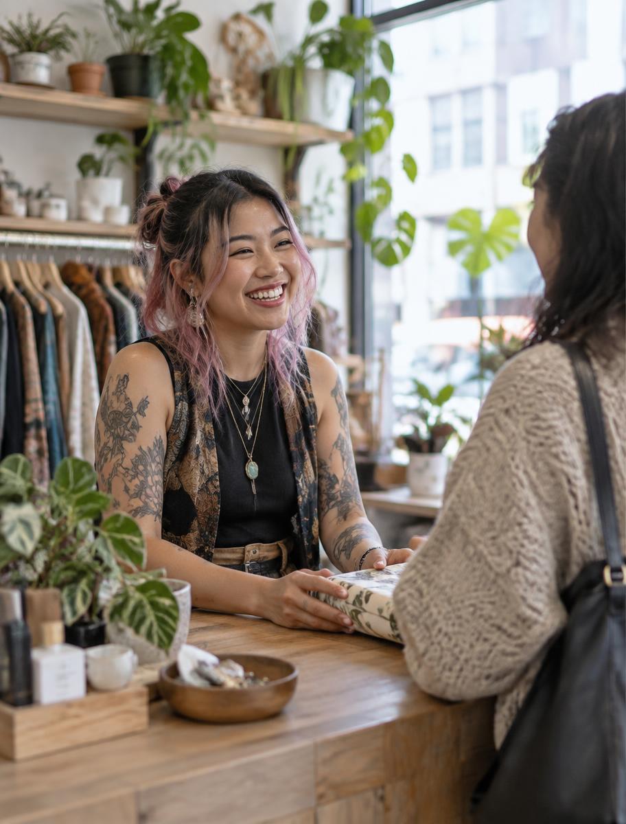 A boutique owner laughing with a customer at her shop counter