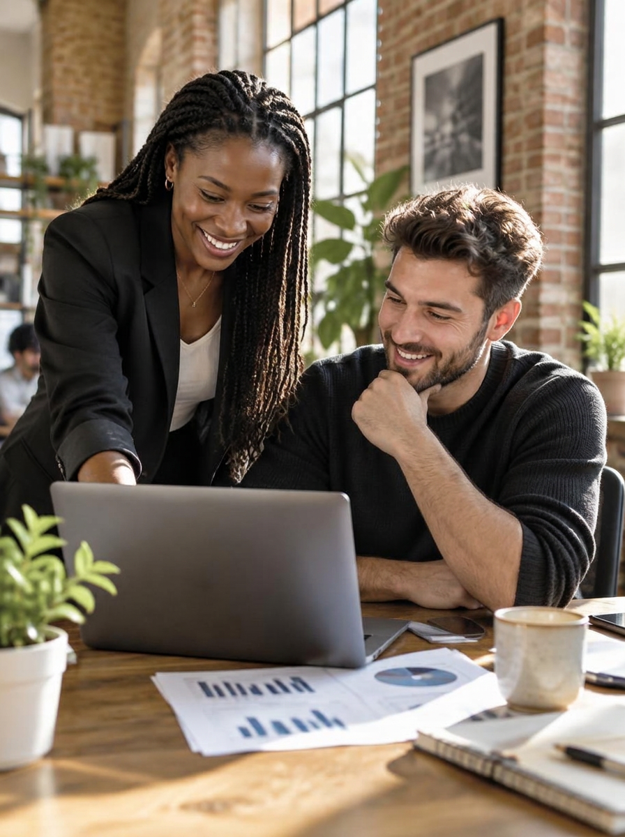 Two business partners smiling over performance charts on a laptop