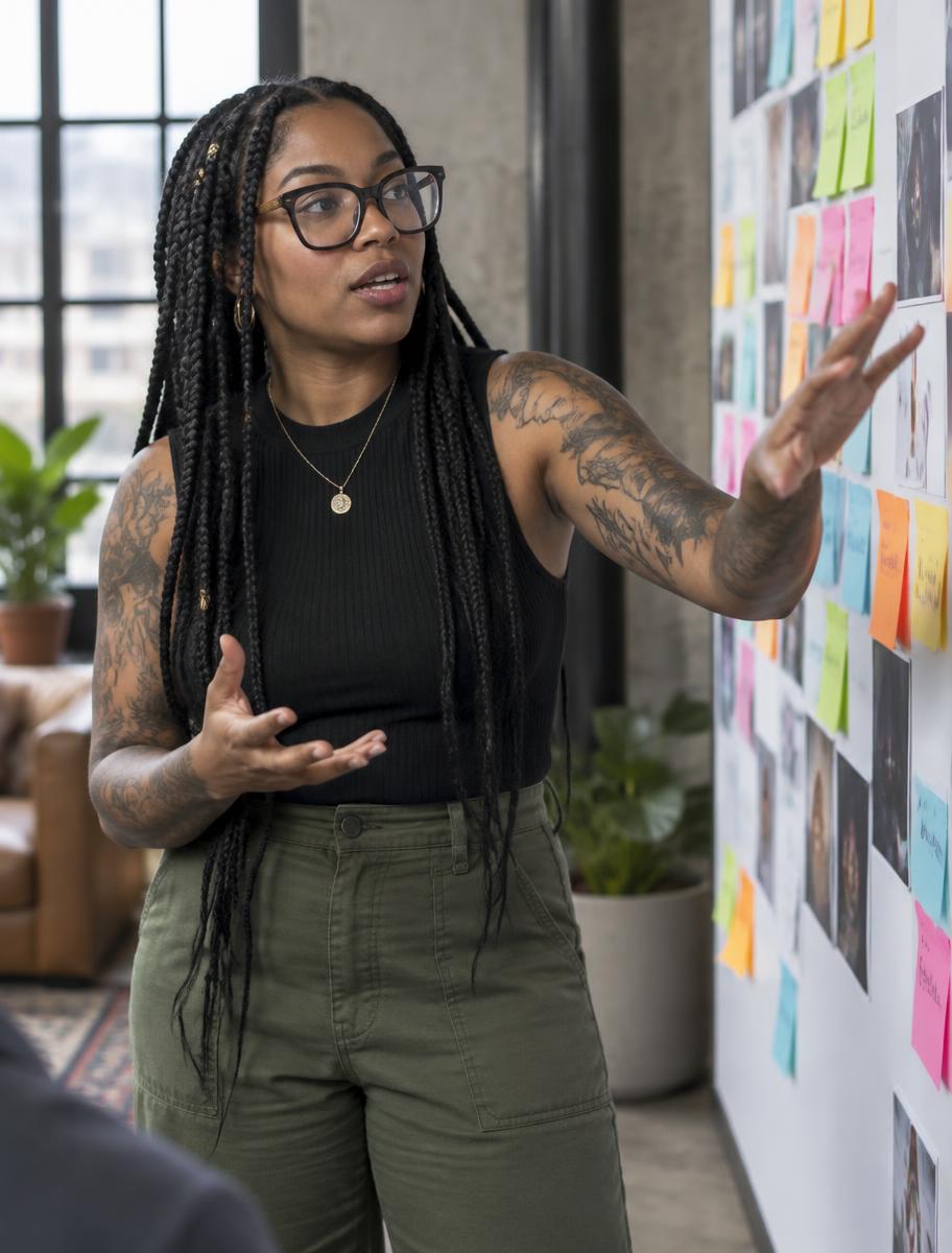 A marketing strategist presenting a campaign plan on a wall of sticky notes