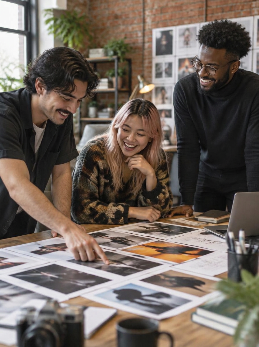 Three agency creatives laughing over printed ad layouts in a coworking space