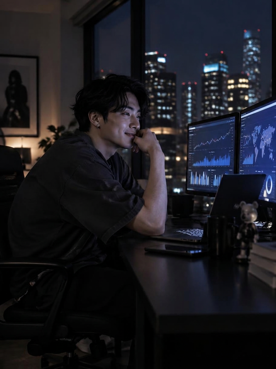 A media buyer studying a campaign performance dashboard at night