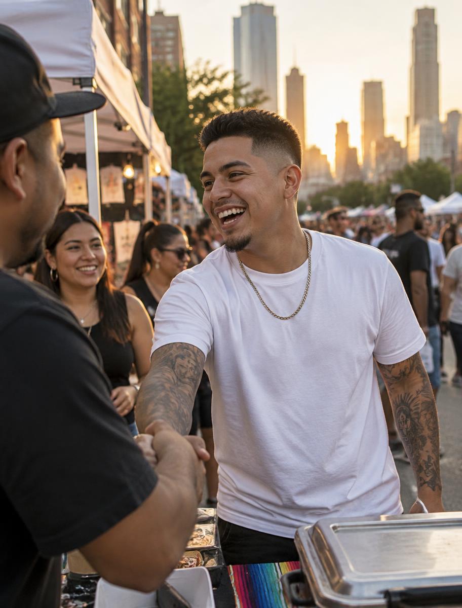A brand ambassador greeting visitors at an outdoor street-fair booth