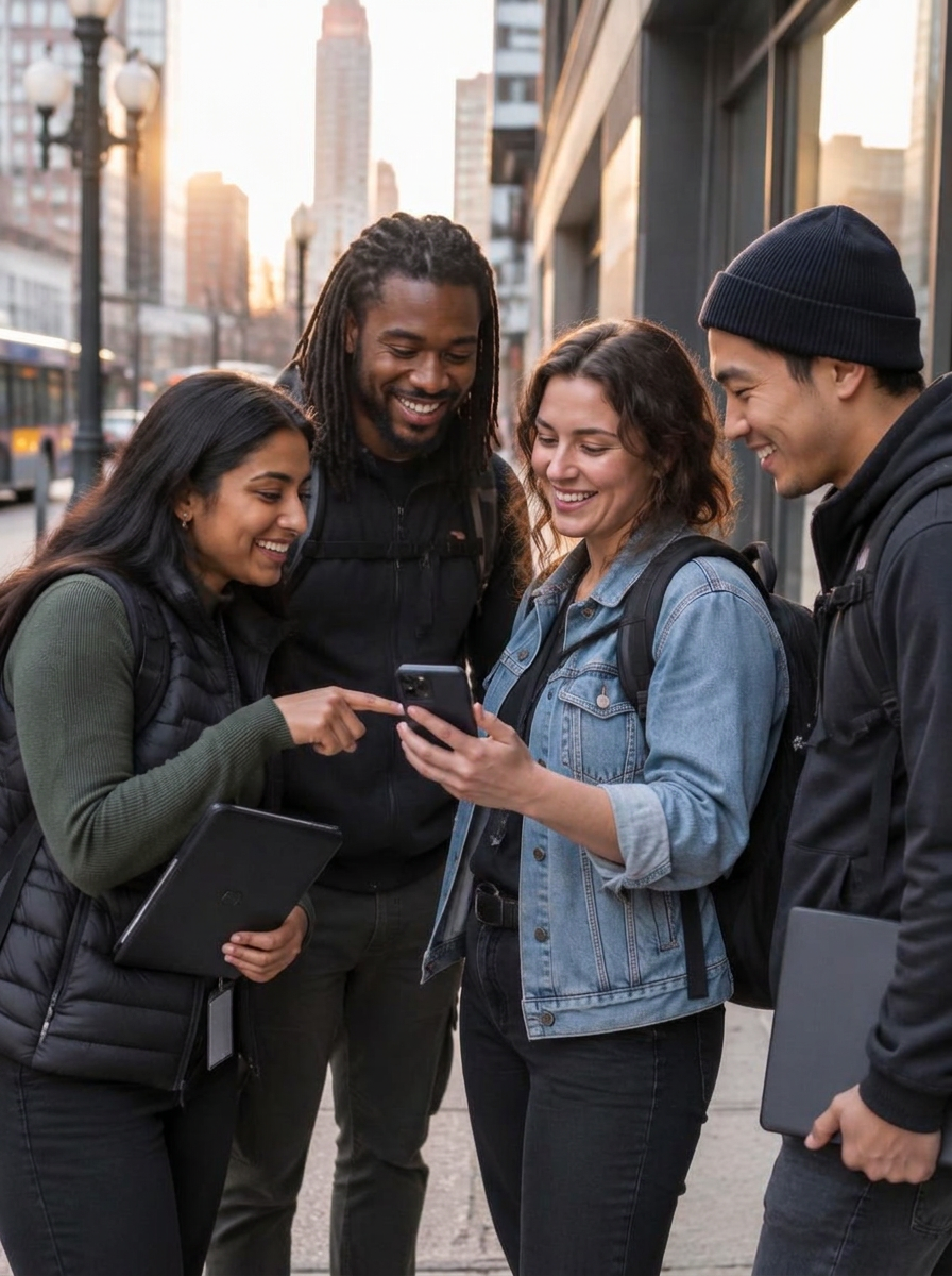 A field sales team gathered around a phone on a city sidewalk at sunrise