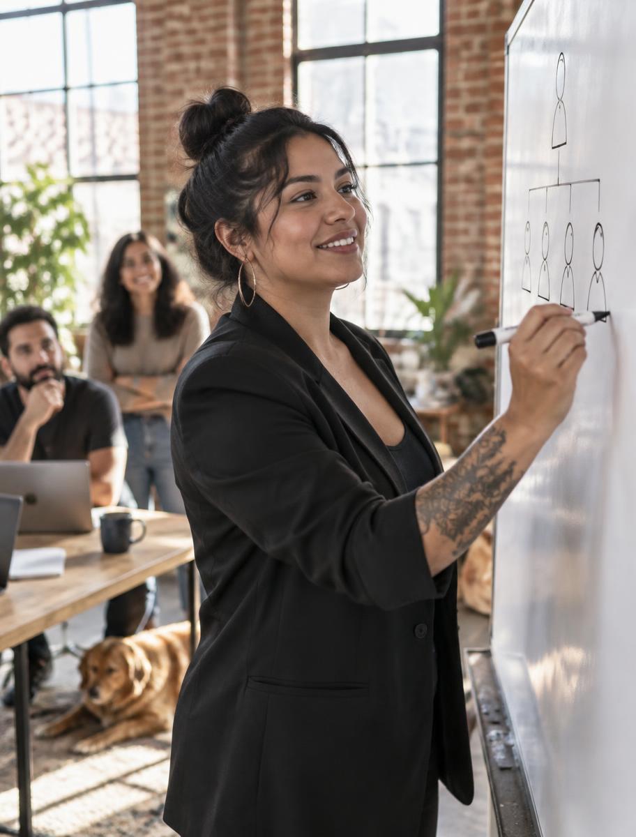 A founder sketching an organizational chart on a whiteboard