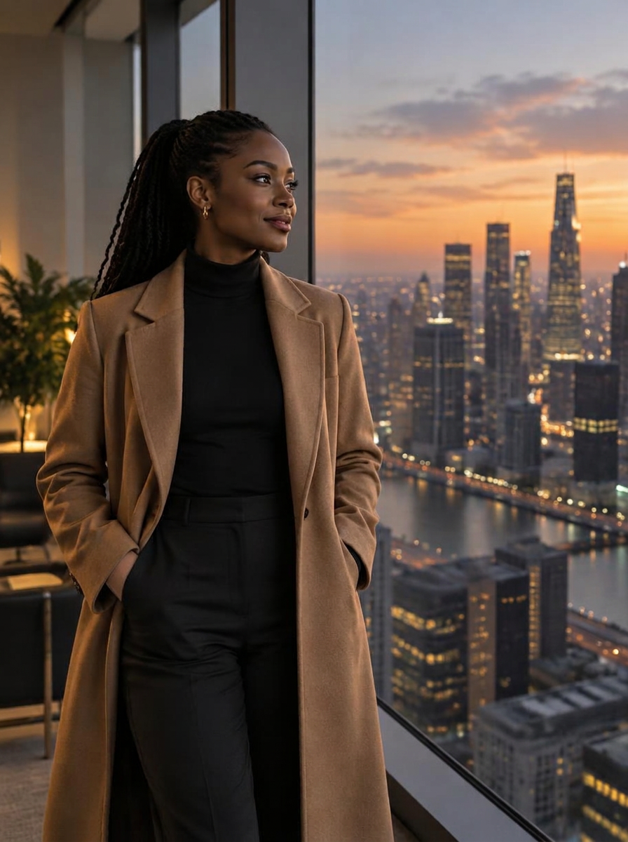 An executive looking out over a city skyline at dusk