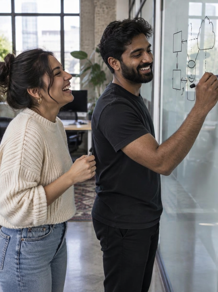 Two data partners reviewing a data flow diagram on a whiteboard