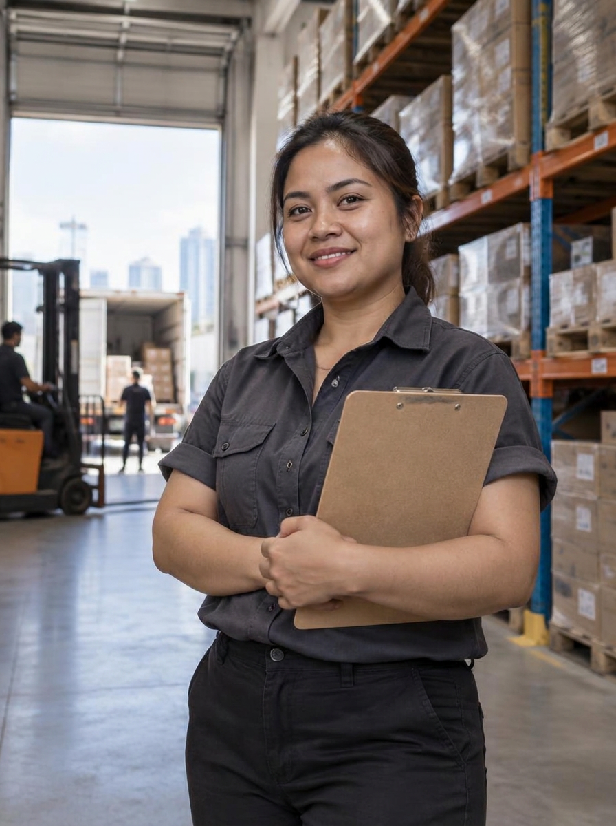 A warehouse manager with a clipboard walking between racks of inventory