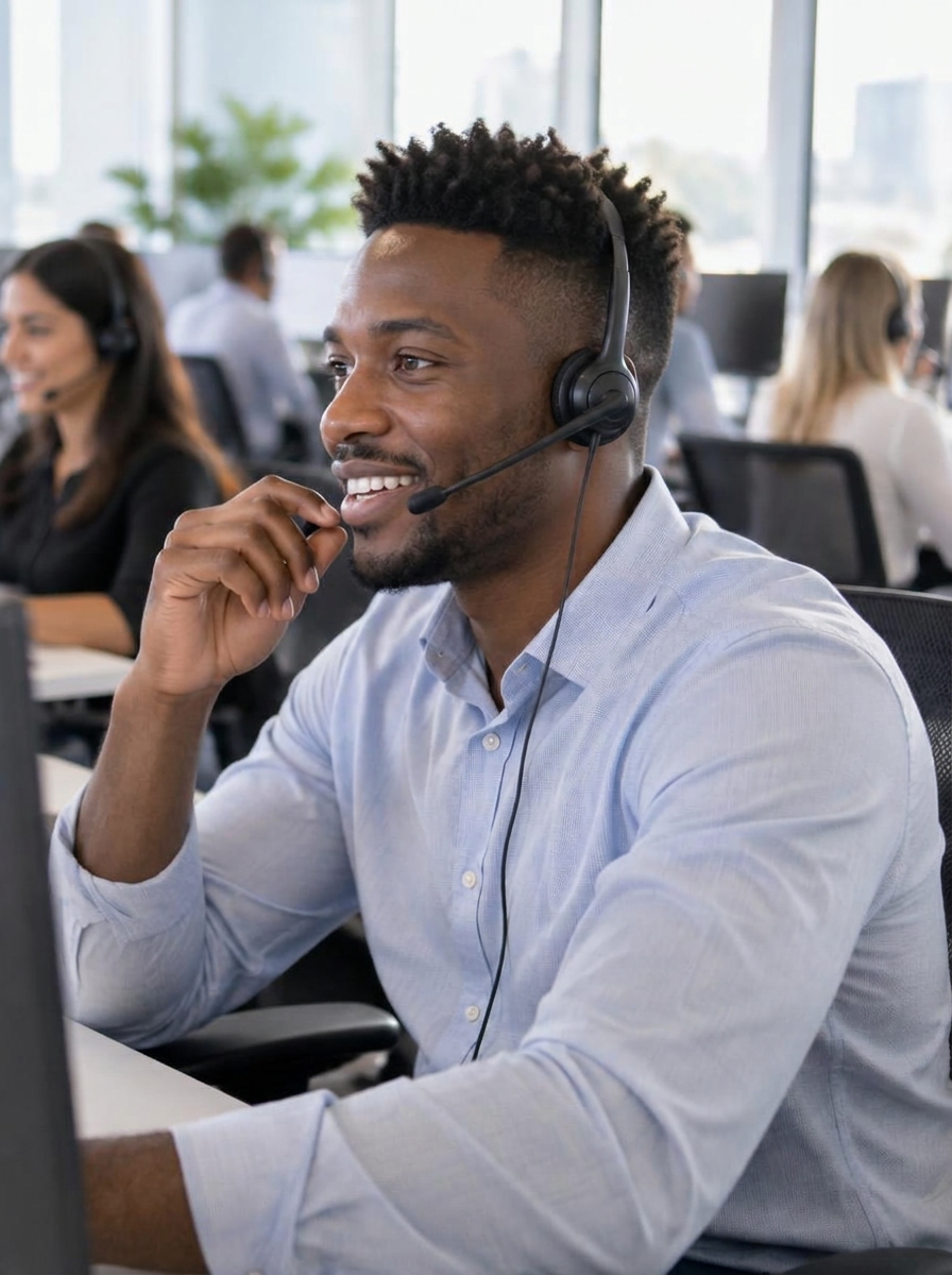 A master agent on a headset working at a call center desk