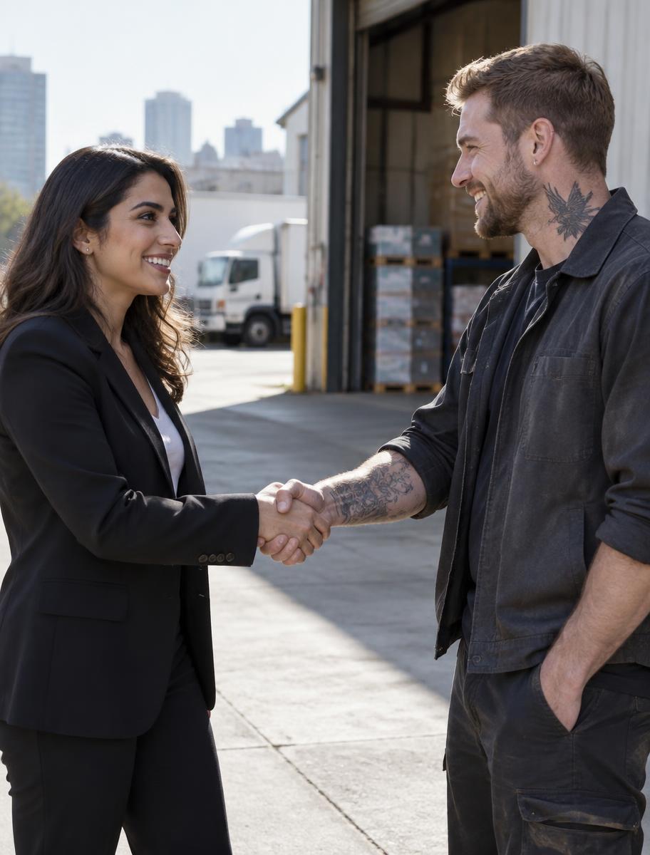 Two logistics partners shaking hands on a loading dock