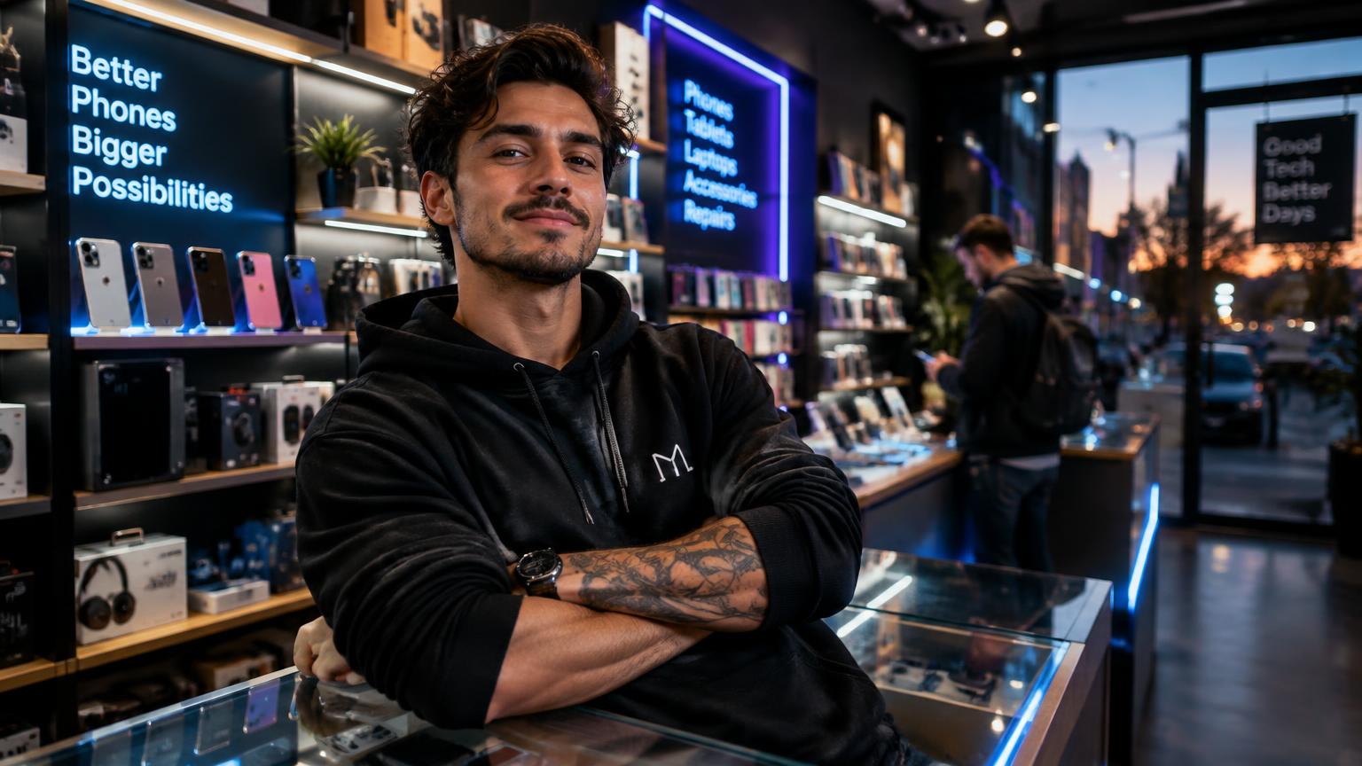 A confident young shop owner leaning on the counter of his glowing phone-and-gadgets store with arms crossed and a knowing smile